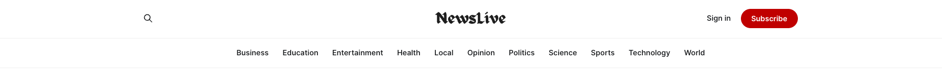 Close-up of the desktop header showing the centered brand logo, structured category links, search icon, and the "Sign In" / "Subscribe" call-to-action buttons