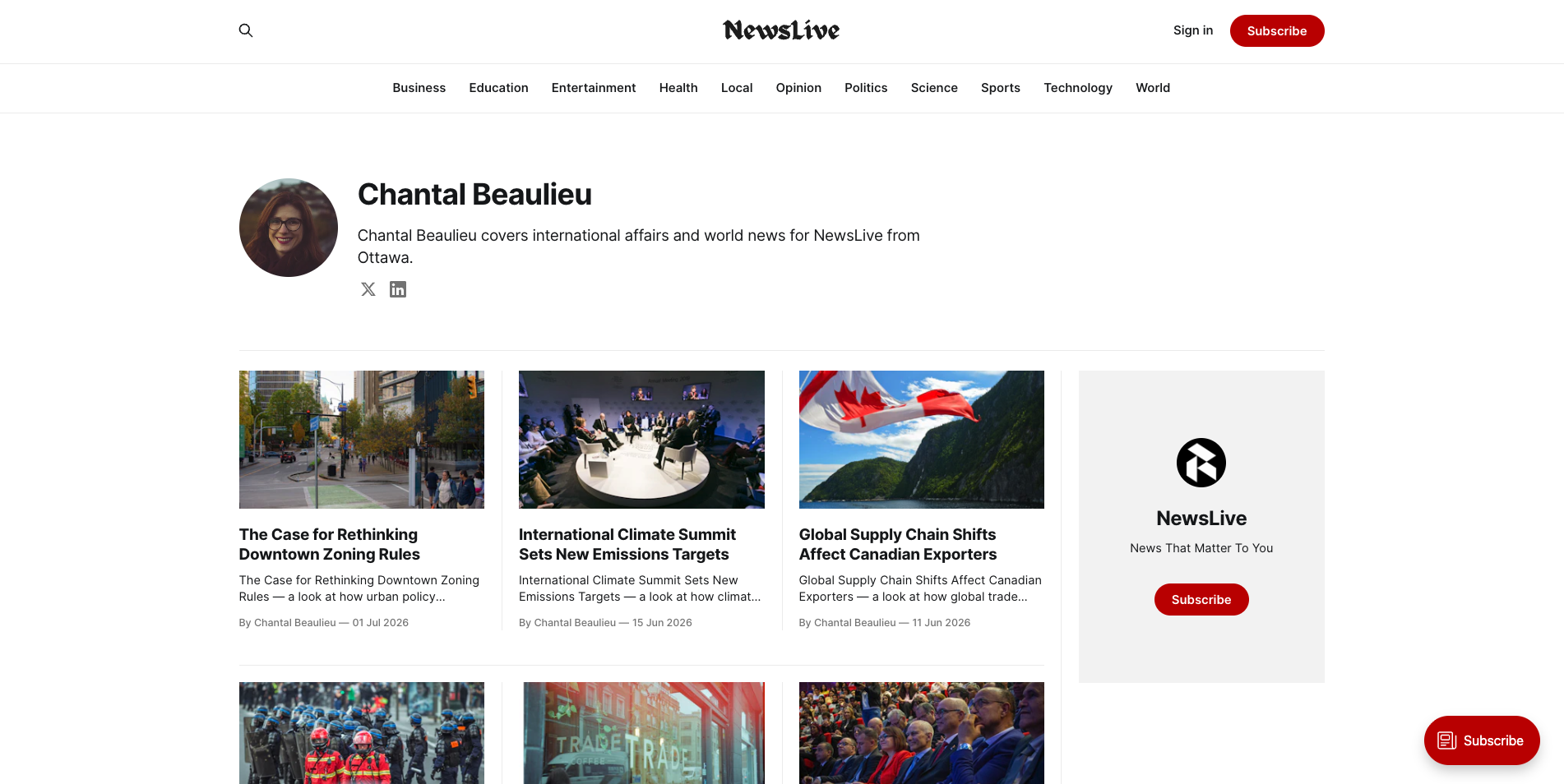 A dedicated Author Profile page showcasing the bio section at the top and their published articles grid below